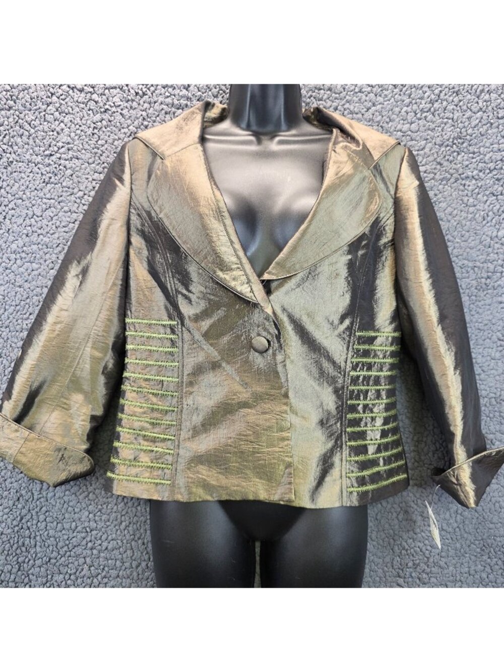 Nabi Single Breasted Metallic Glam Blazer M Olive Embroidered Festive Show Girl